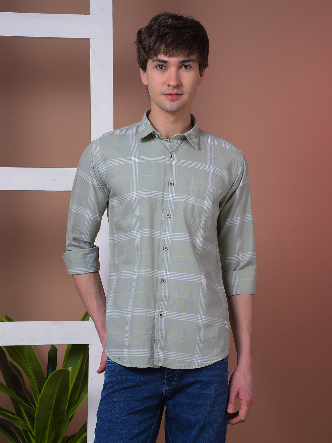 cobb light olive checked slim-fit casual shirt