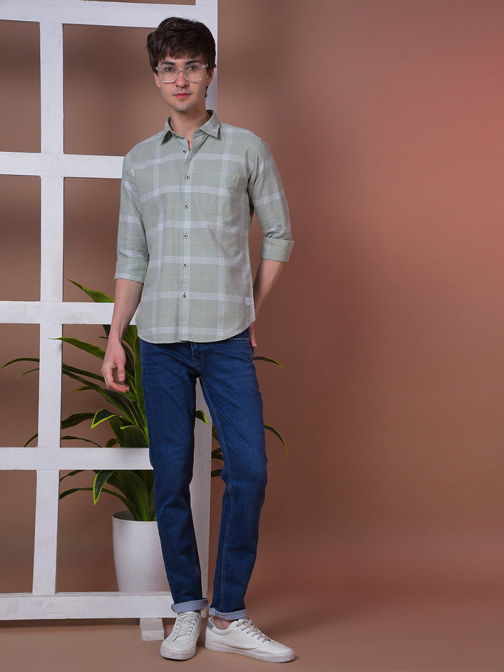 cobb light olive checked slim-fit casual shirt
