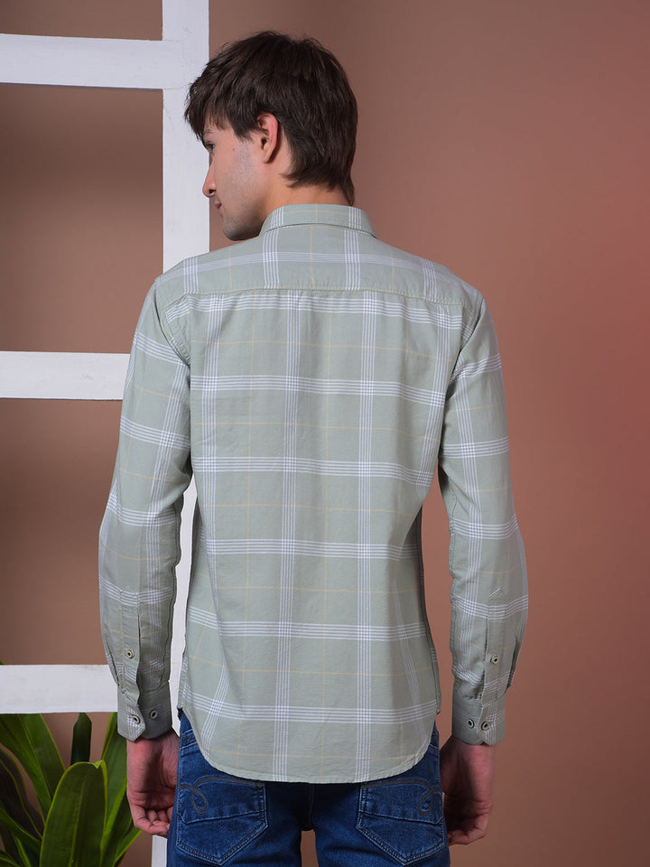 cobb light olive checked slim-fit casual shirt