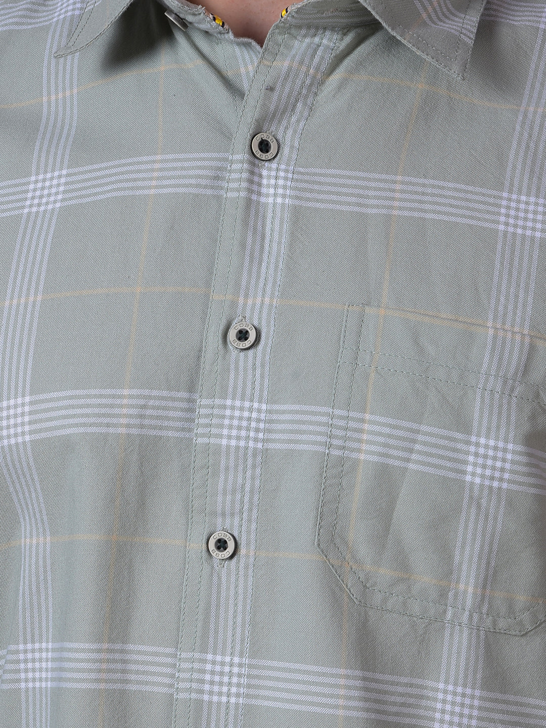 cobb light olive checked slim-fit casual shirt