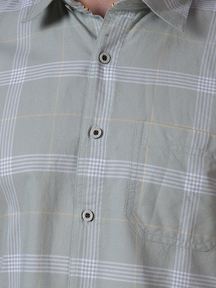 cobb light olive checked slim-fit casual shirt