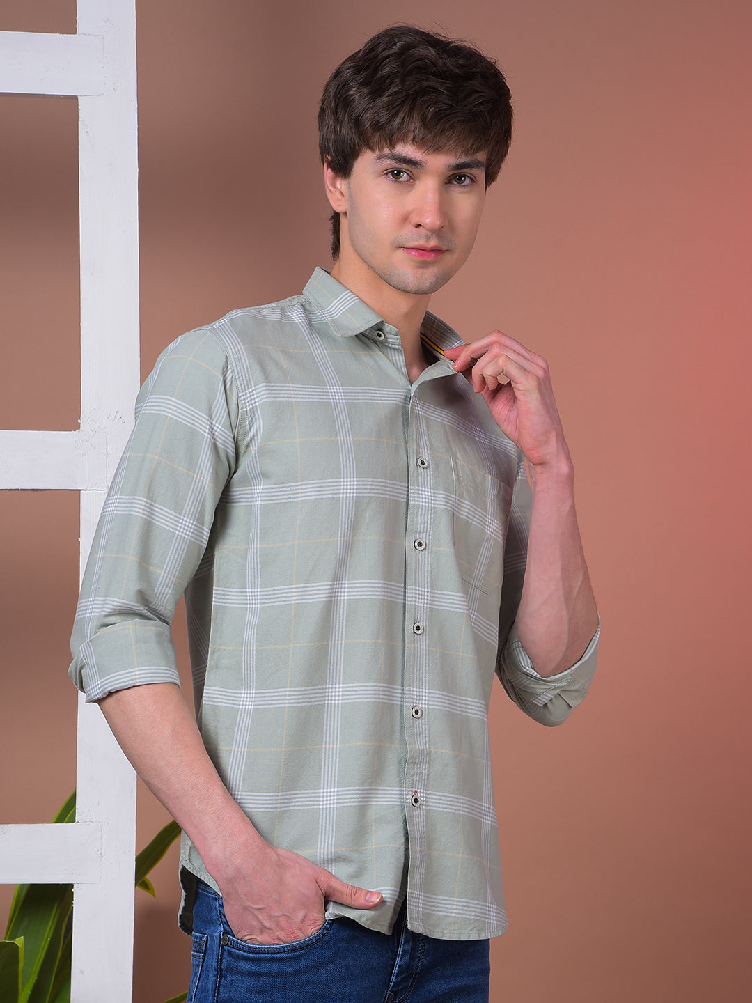 COBB LIGHT OLIVE CHECKED SLIM-FIT CASUAL SHIRT