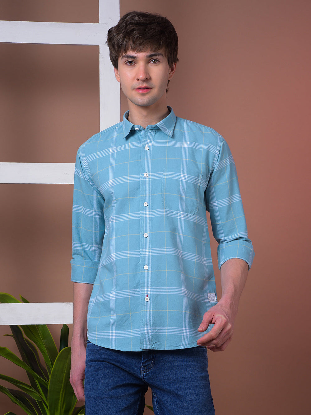 cobb turquoise checked slim-fit casual shirt