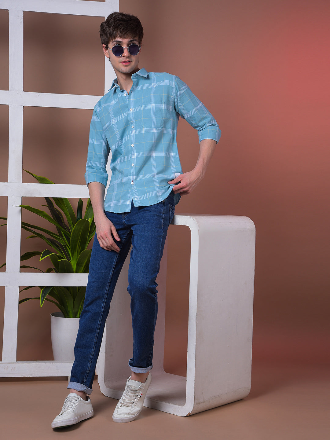 COBB TURQUOISE CHECKED SLIM-FIT CASUAL SHIRT