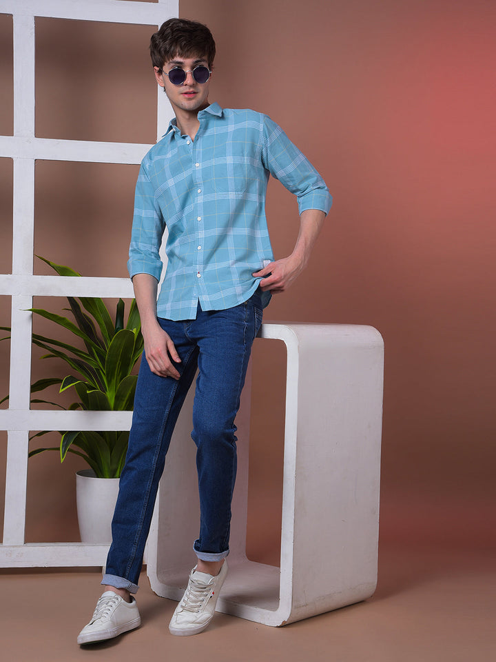 COBB TURQUOISE CHECKED SLIM-FIT CASUAL SHIRT