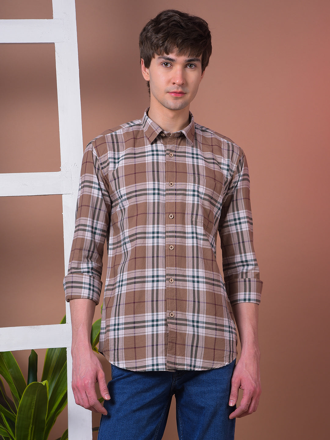 cobb brown checked slim-fit casual shirt