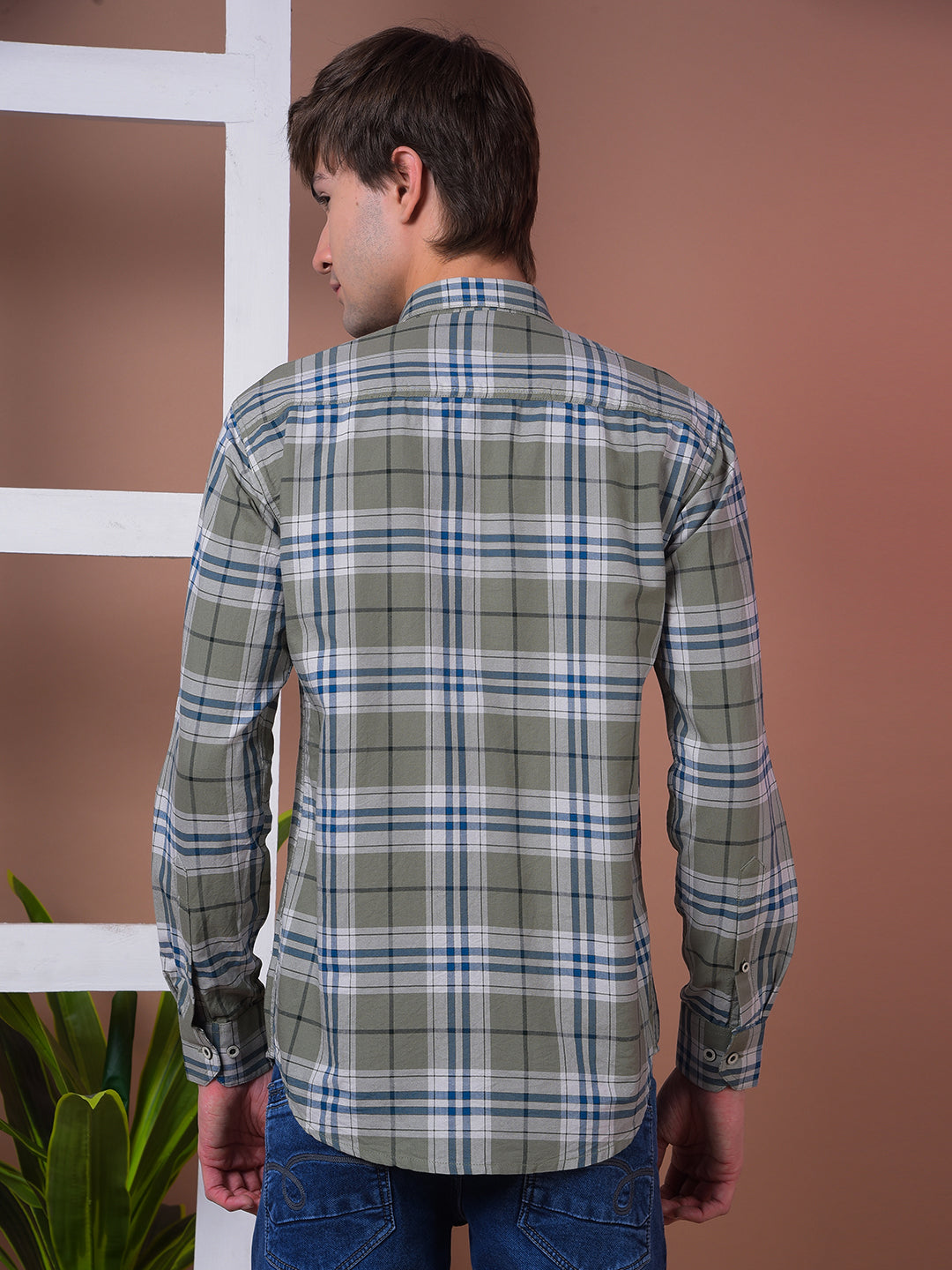 cobb green checked slim-fit casual shirt