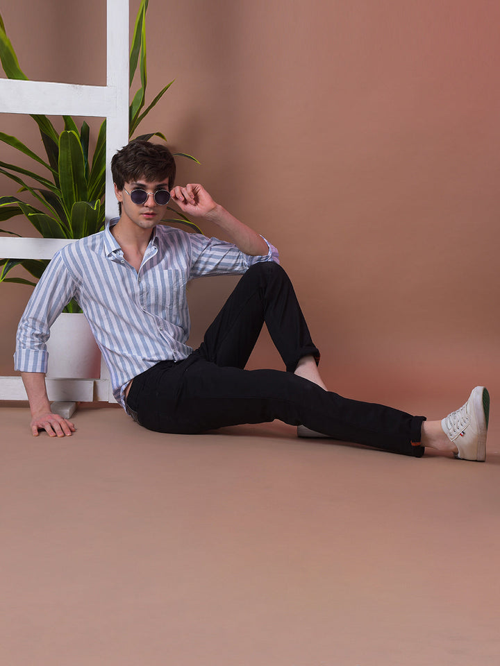 COBB LIGHT BLUE STRIPED SLIM-FIT CASUAL SHIRT