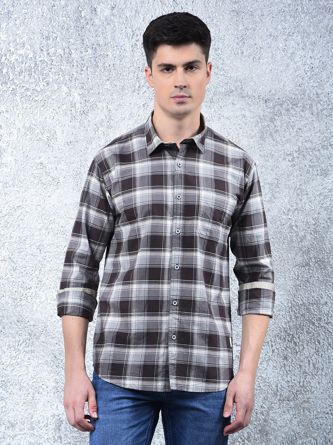 cobb dark coffee checked casual shirt