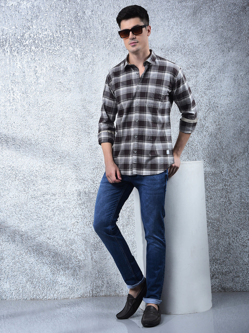 cobb dark coffee checked casual shirt