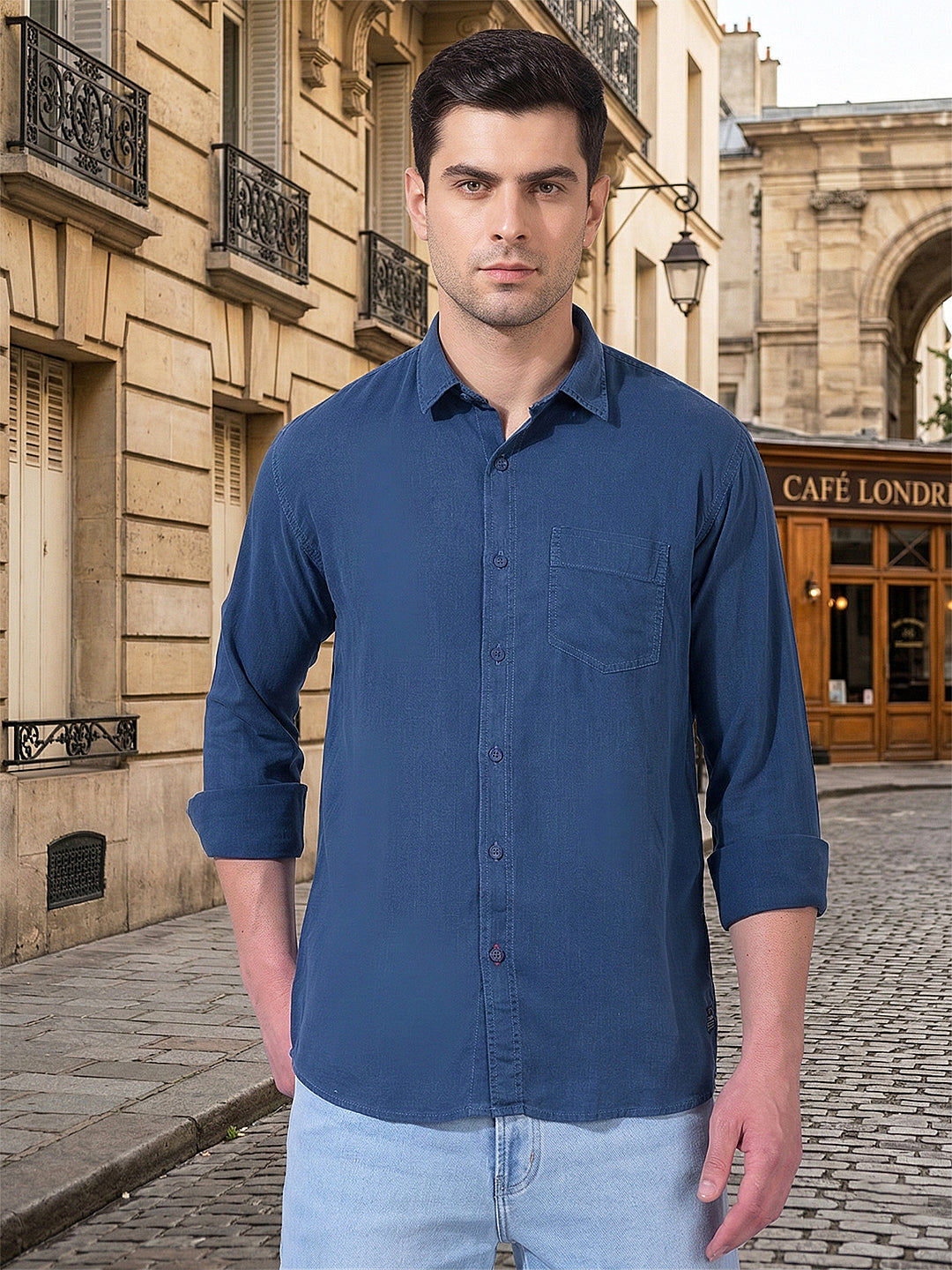 cobb airforce blue solid slim-fit casual shirt