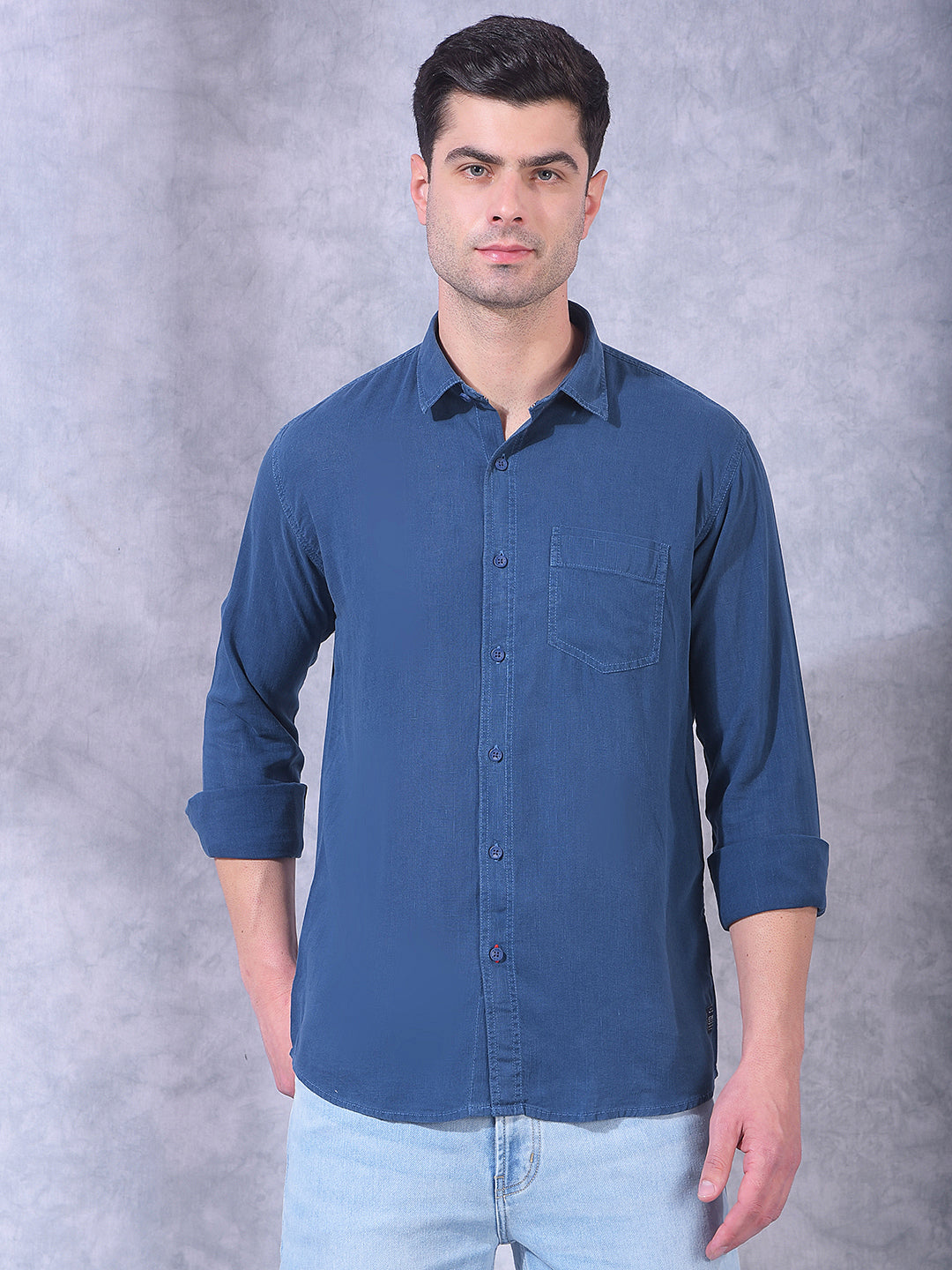 cobb airforce blue solid slim-fit casual shirt