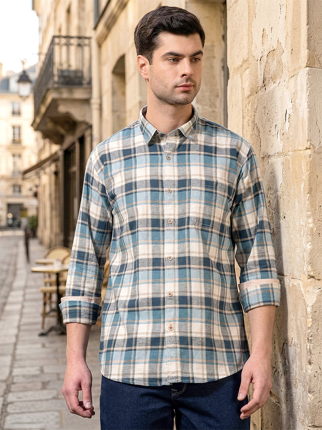 cobb teal blue checked slim-fit casual shirt
