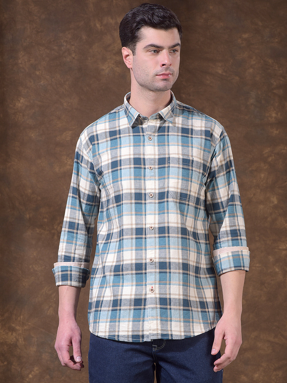 cobb teal blue checked slim-fit casual shirt