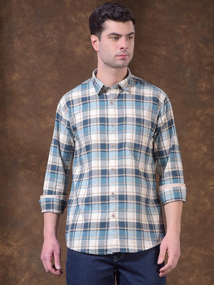 cobb teal blue checked slim-fit casual shirt