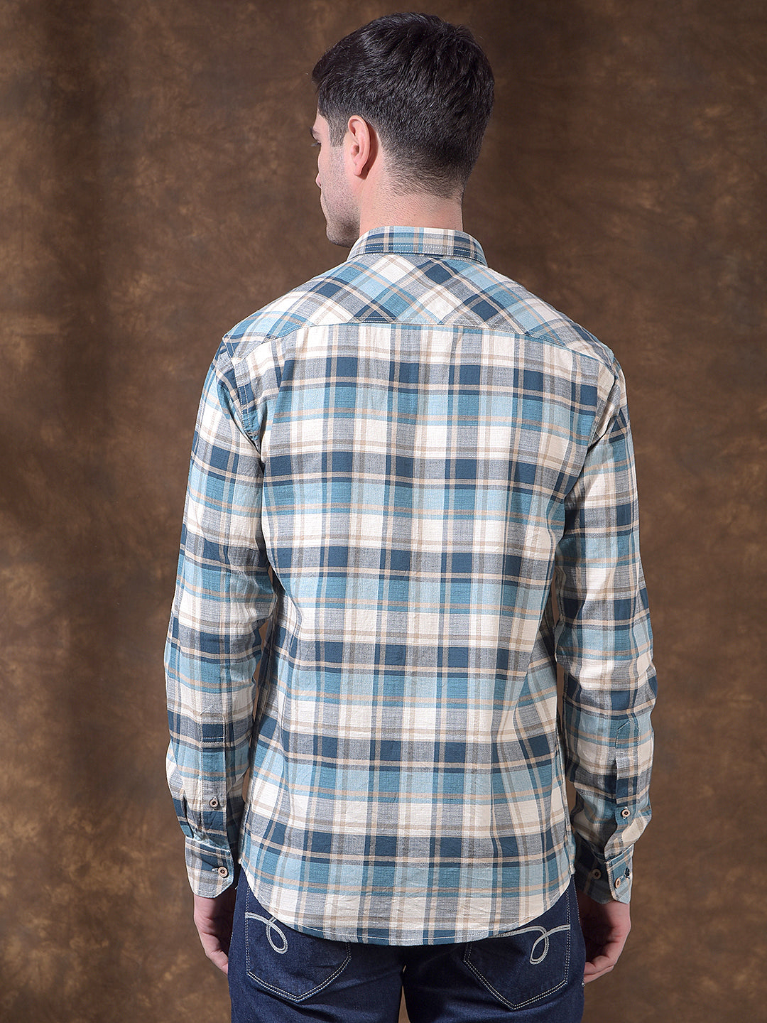 cobb teal blue checked slim-fit casual shirt