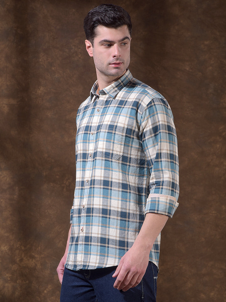 cobb teal blue checked slim-fit casual shirt