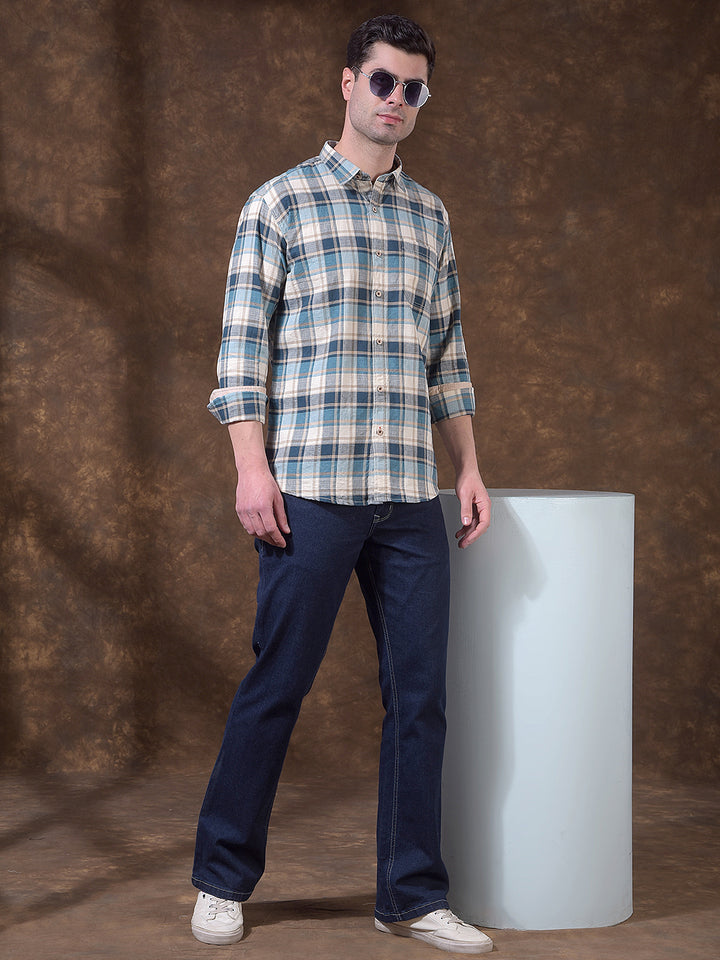 COBB TEAL BLUE CHECKED SLIM-FIT CASUAL SHIRT
