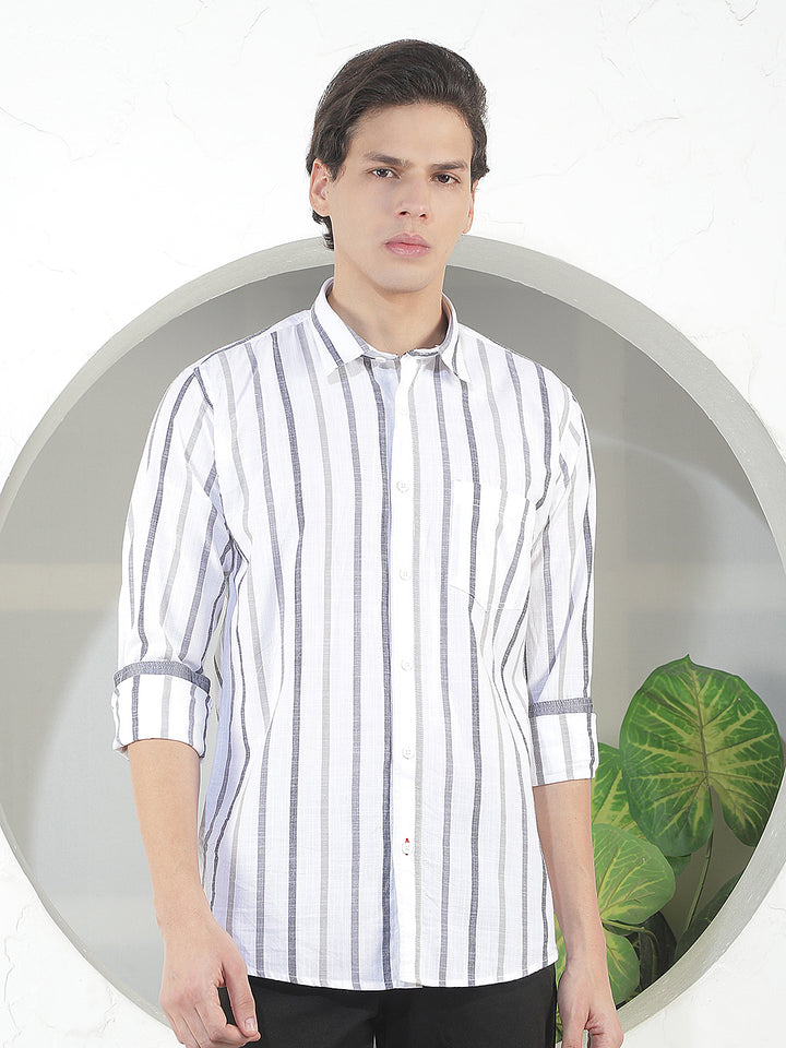 white striped slim-fit casual shirt