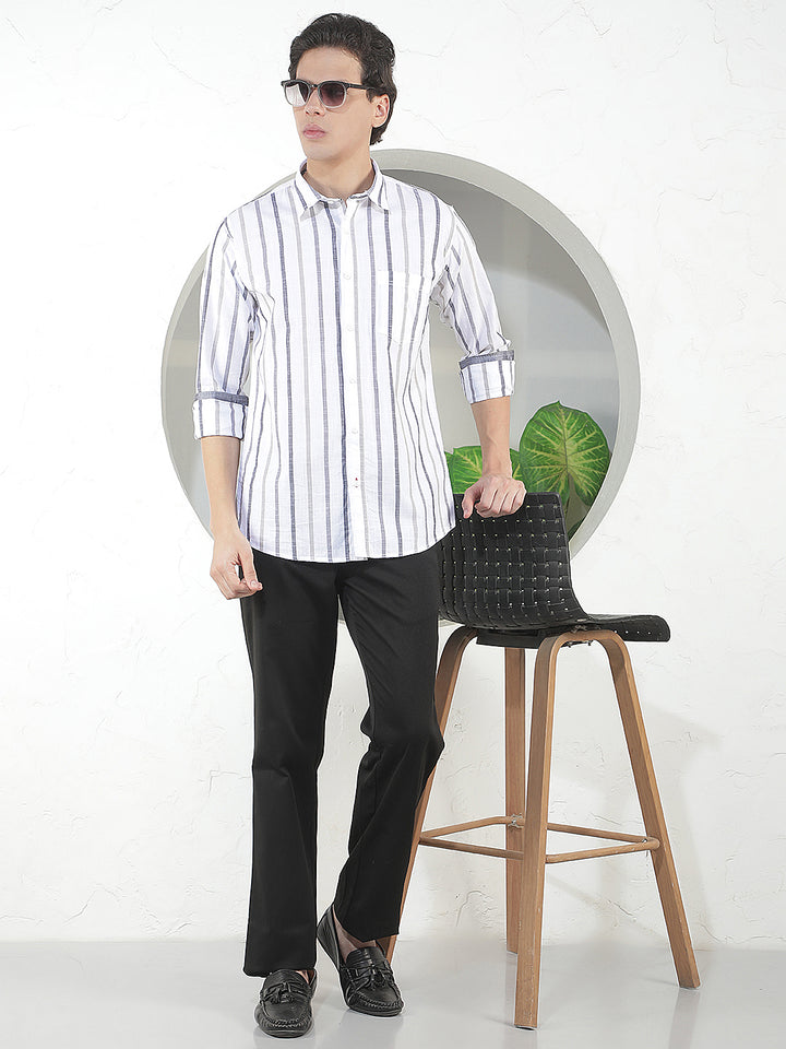 white striped slim-fit casual shirt