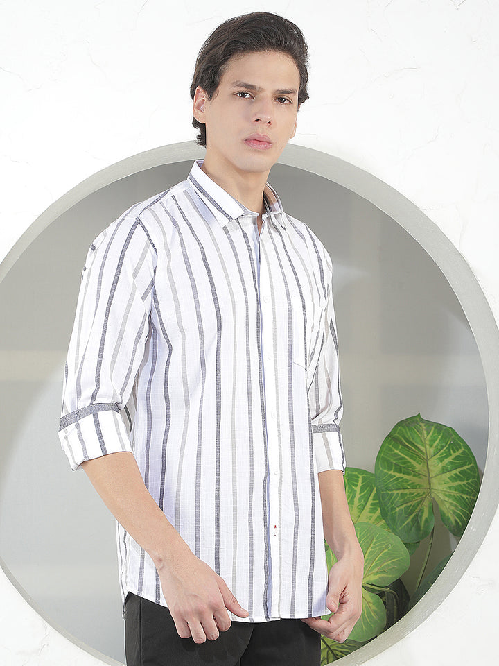 WHITE STRIPED SLIM-FIT CASUAL SHIRT