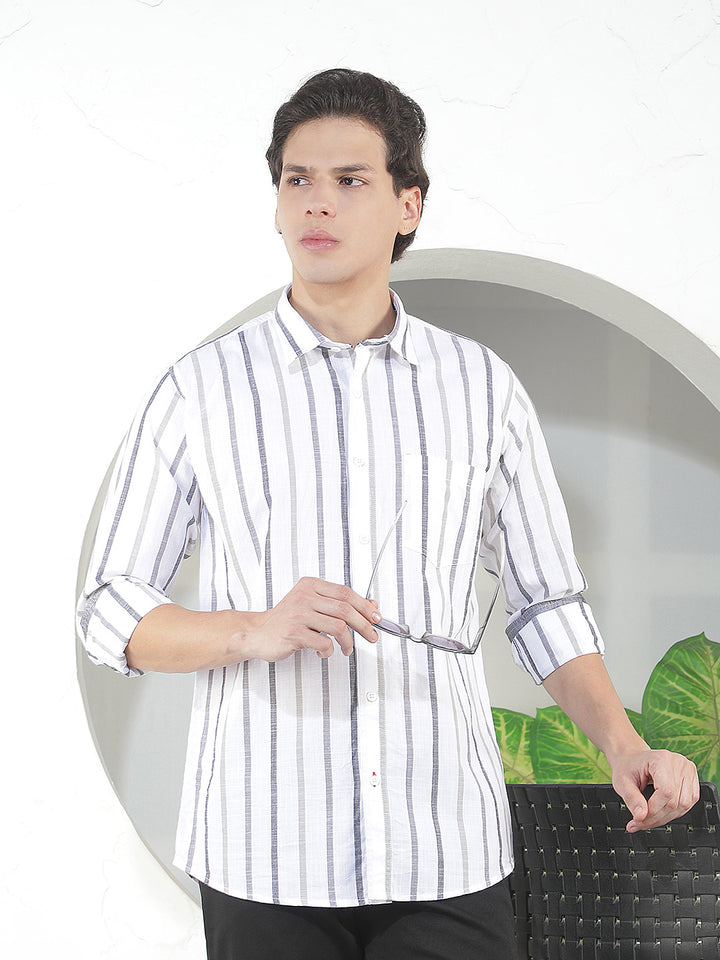 WHITE STRIPED SLIM-FIT CASUAL SHIRT