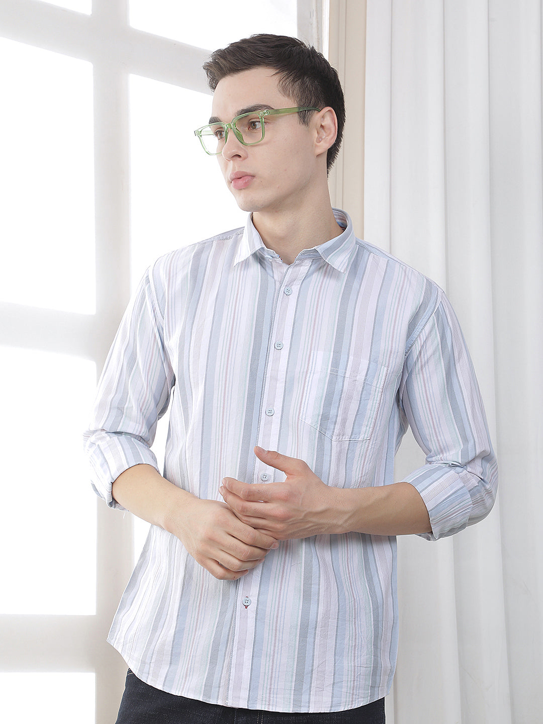 sky blue striped slim-fit casual shirt