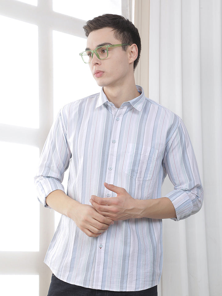 sky blue striped slim-fit casual shirt