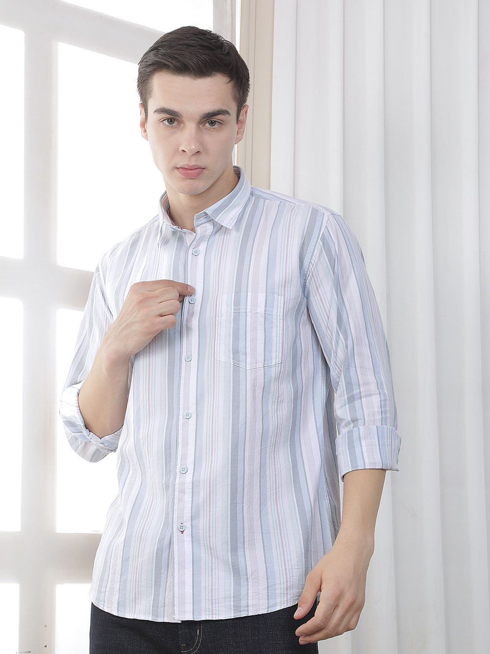 sky blue striped slim-fit casual shirt