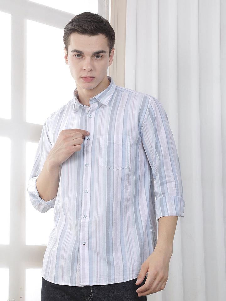 sky blue striped slim-fit casual shirt