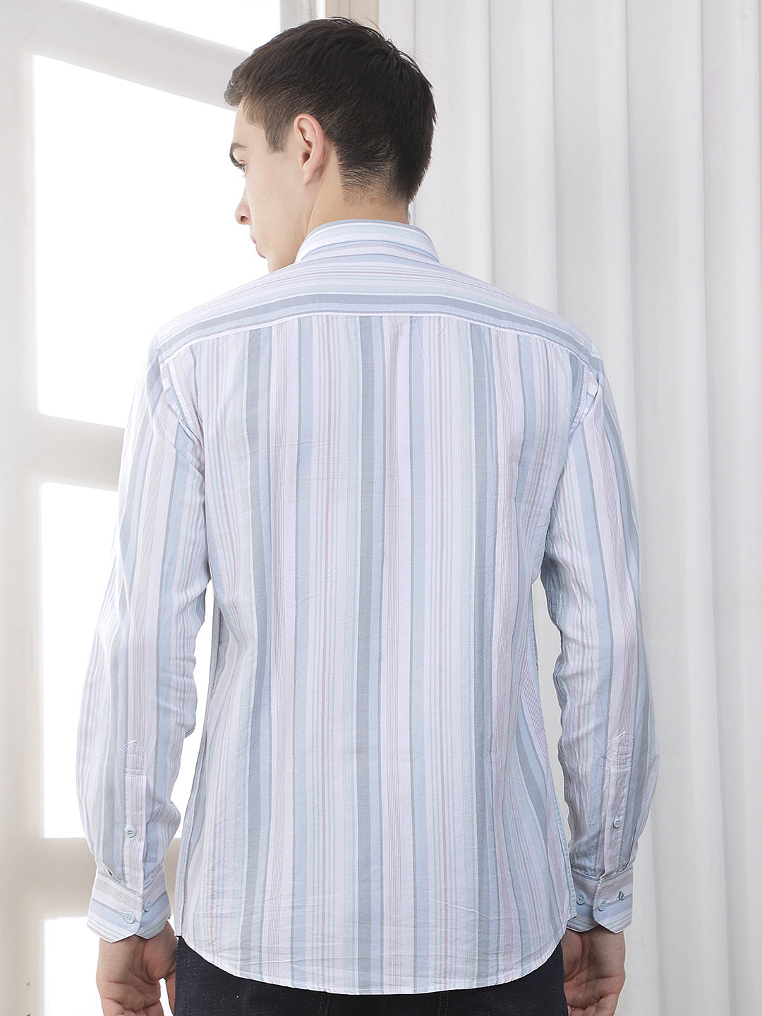 sky blue striped slim-fit casual shirt