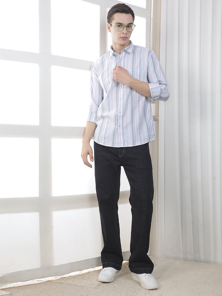 SKY BLUE STRIPED SLIM-FIT CASUAL SHIRT