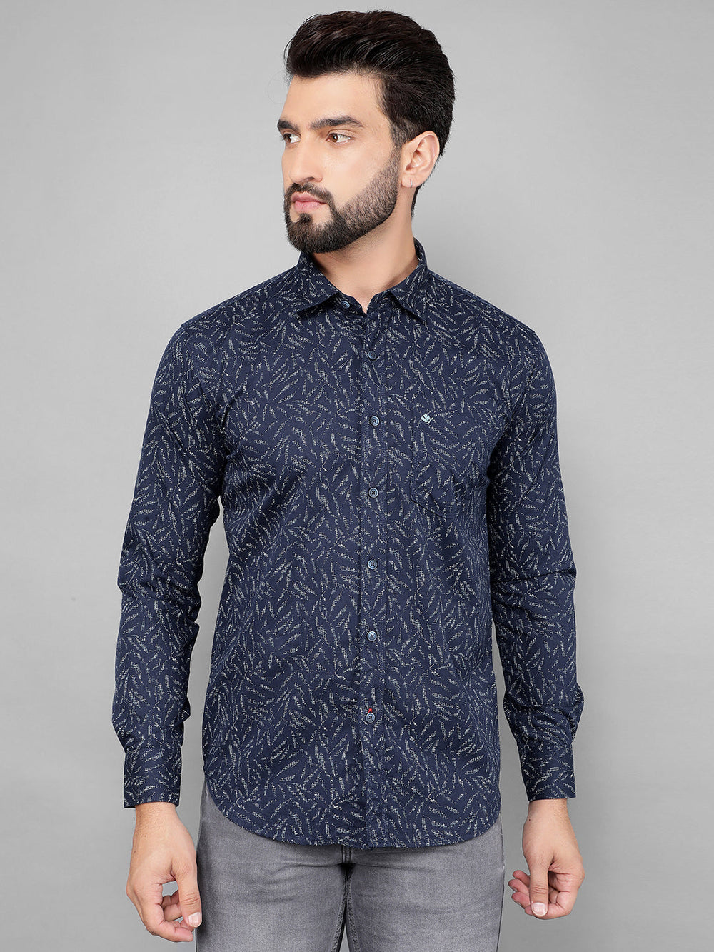 cobb navy blue printed slim-fit casual shirt