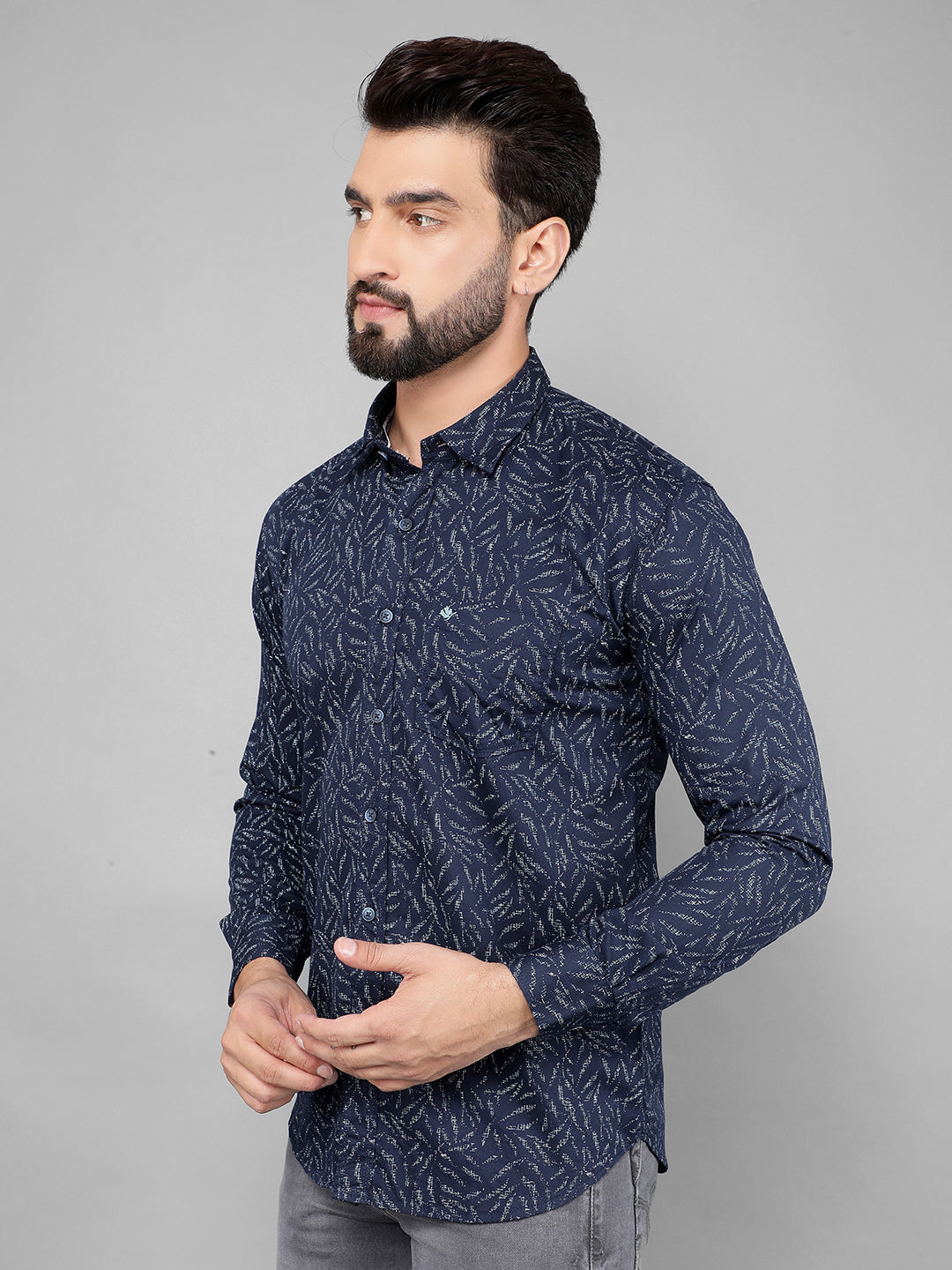 cobb navy blue printed slim-fit casual shirt