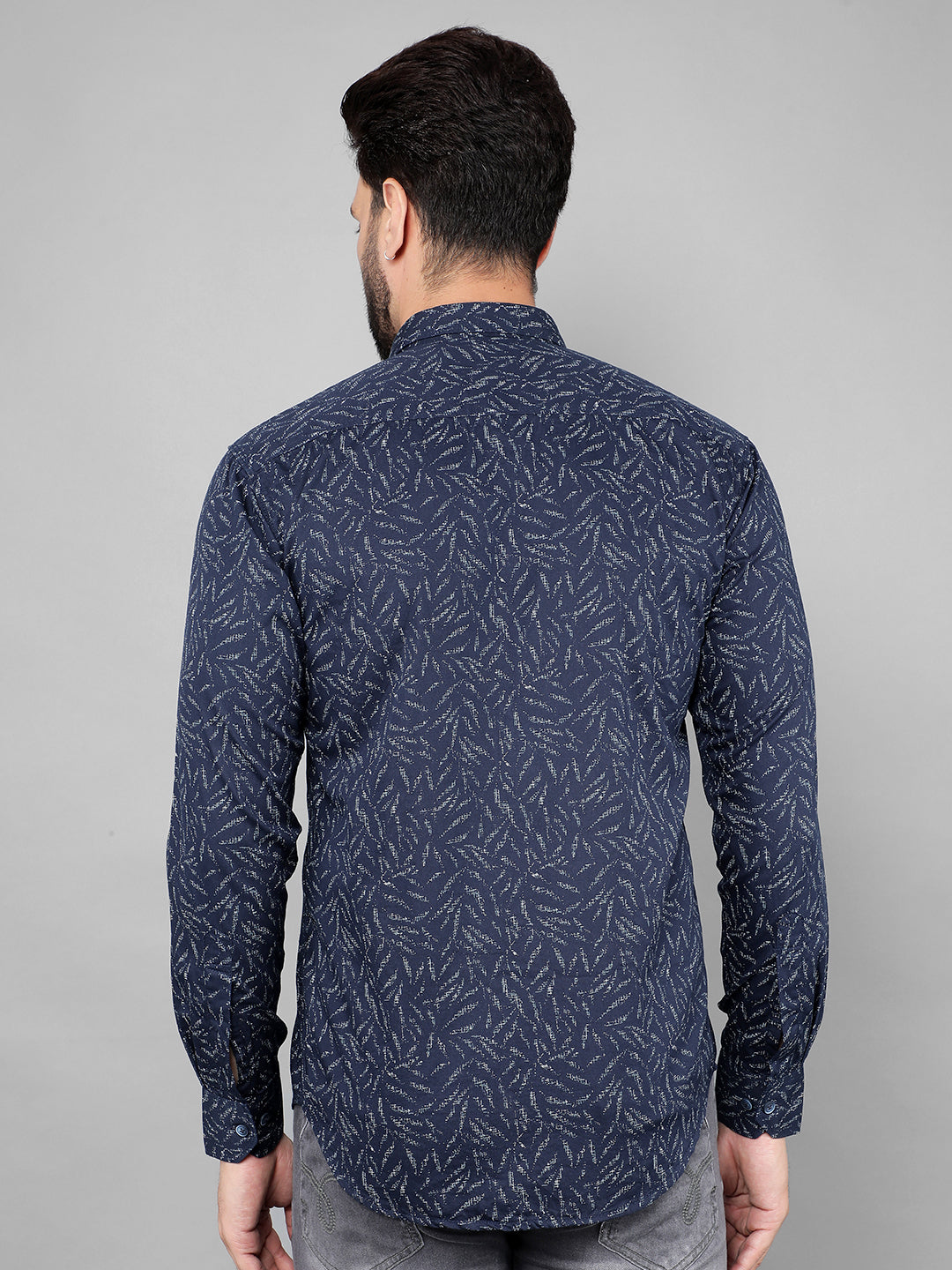 cobb navy blue printed slim-fit casual shirt