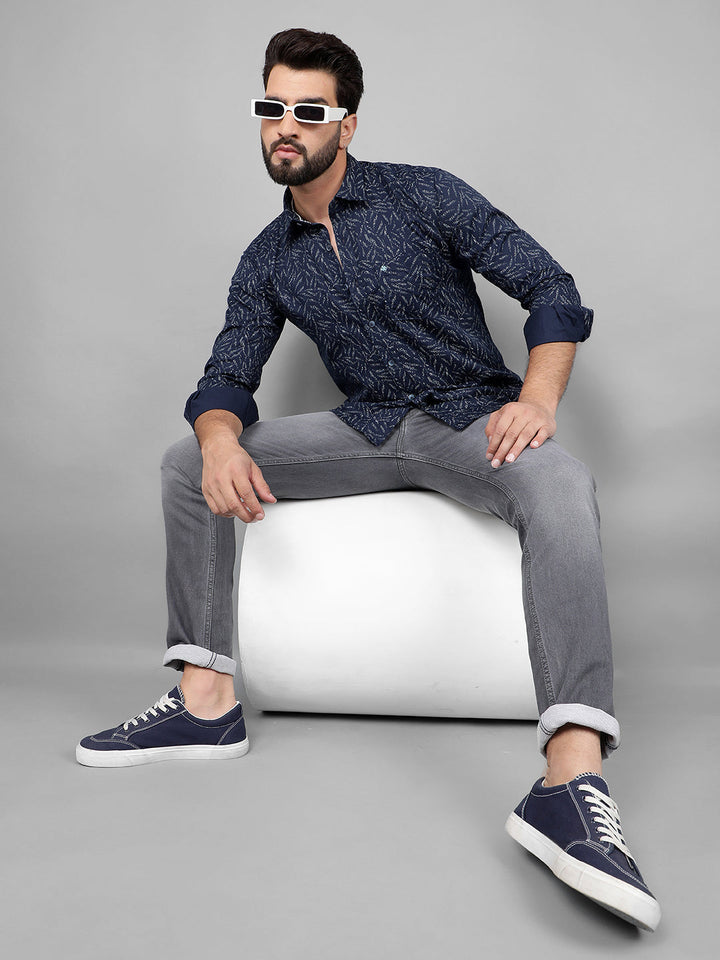 COBB NAVY BLUE PRINTED SLIM-FIT CASUAL SHIRT