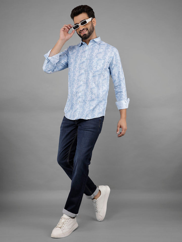 COBB BLUE GREY PRINTED SLIM-FIT CASUAL SHIRT