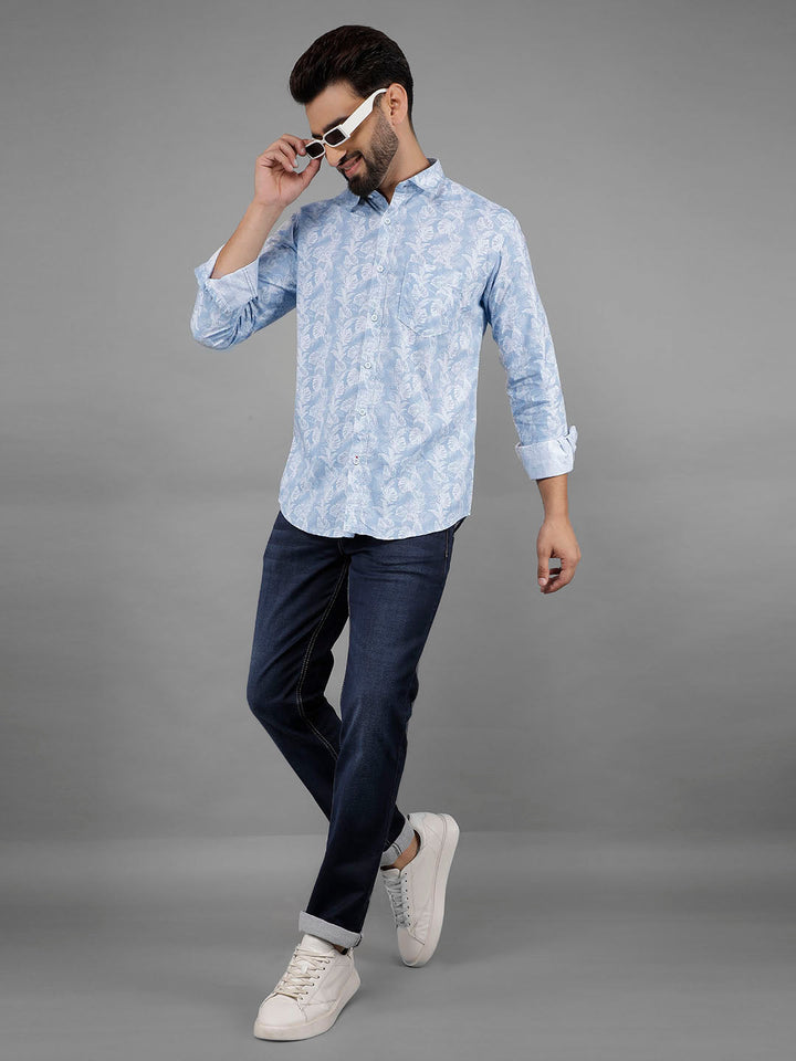 COBB BLUE GREY PRINTED SLIM-FIT CASUAL SHIRT