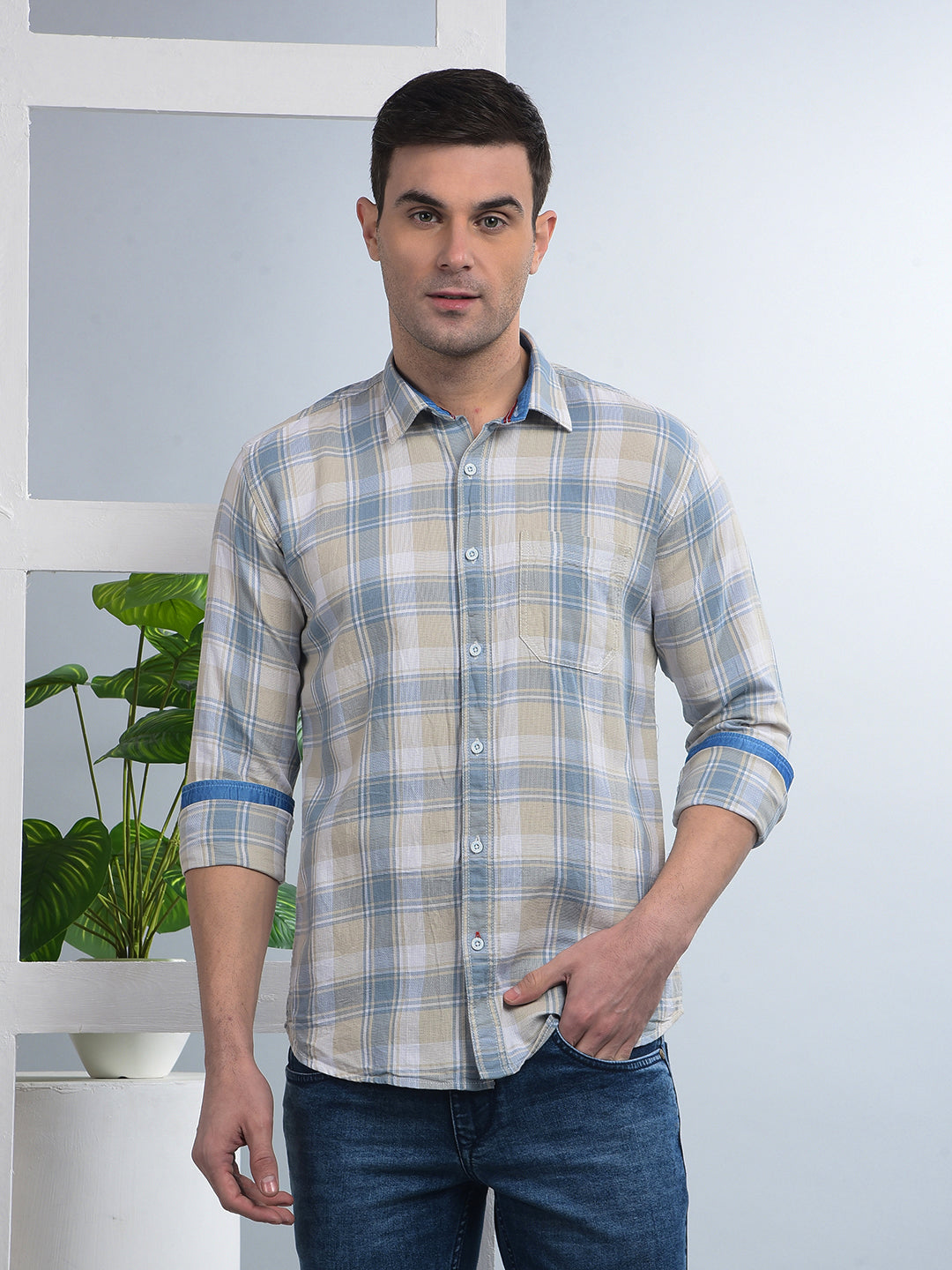 cobb sky blue checked slim-fit casual shirt