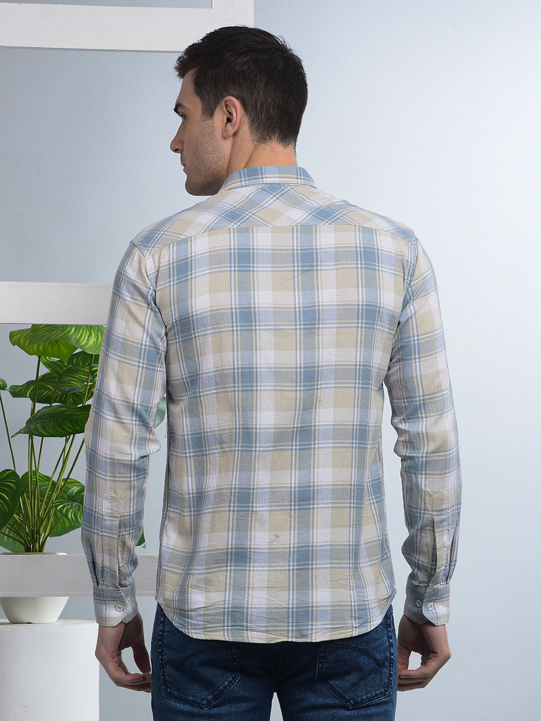 cobb sky blue checked slim-fit casual shirt