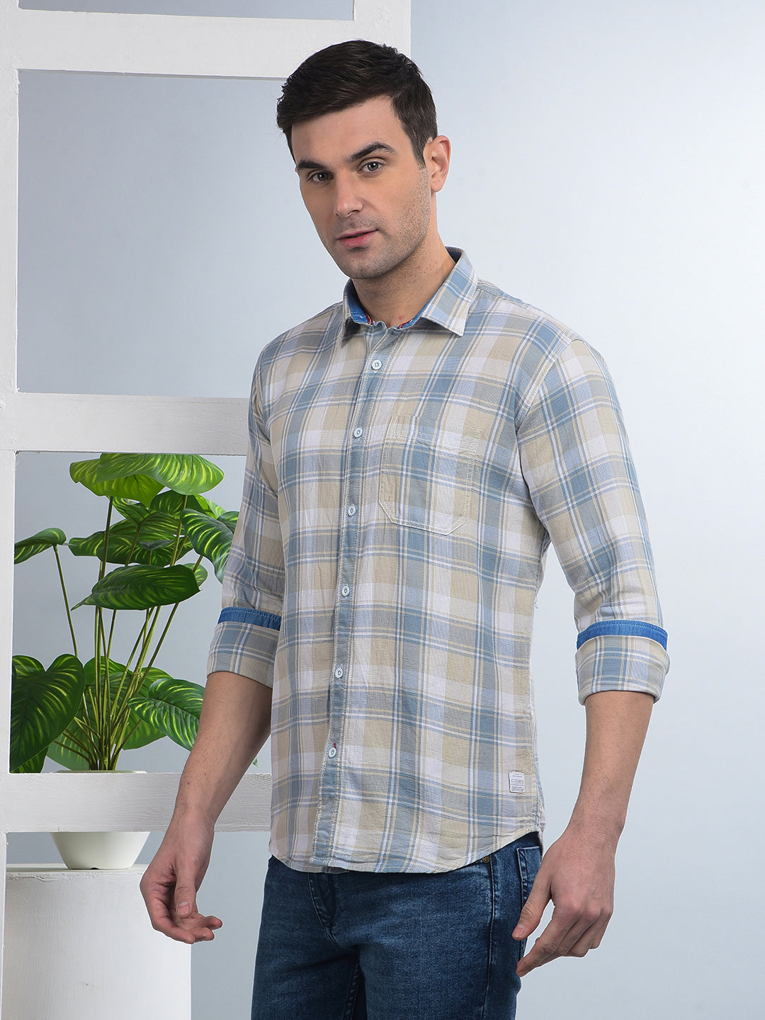 COBB SKY BLUE CHECKED SLIM-FIT CASUAL SHIRT