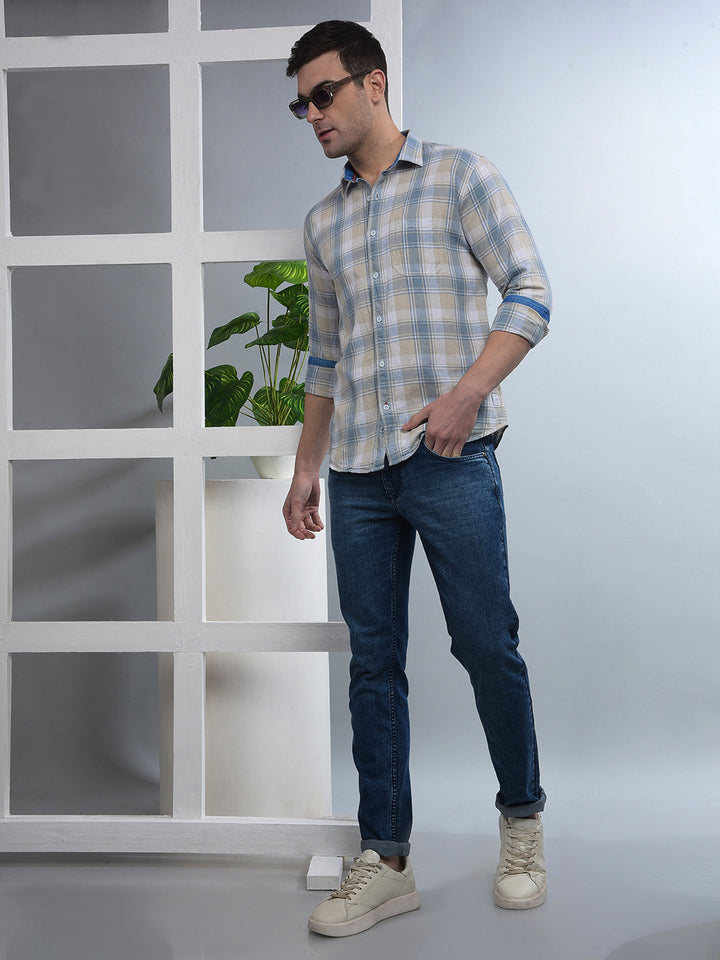 COBB SKY BLUE CHECKED SLIM-FIT CASUAL SHIRT