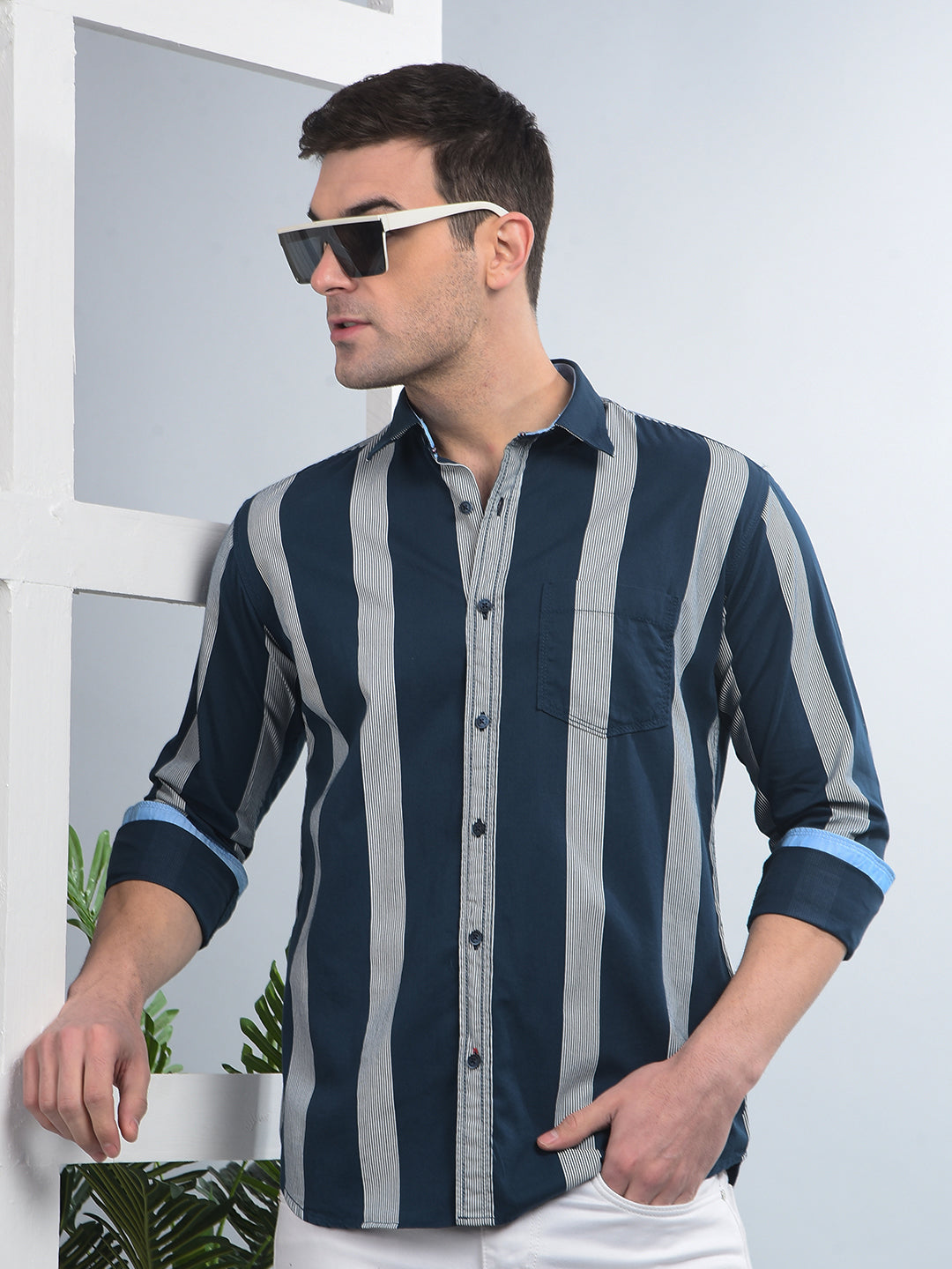 cobb teal blue striped slim-fit casual shirt