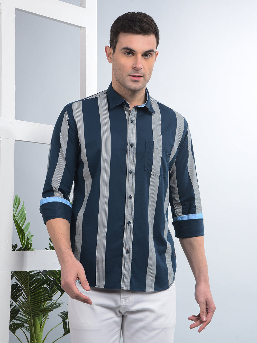 cobb teal blue striped slim-fit casual shirt