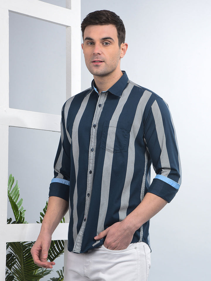 COBB TEAL BLUE STRIPED SLIM-FIT CASUAL SHIRT