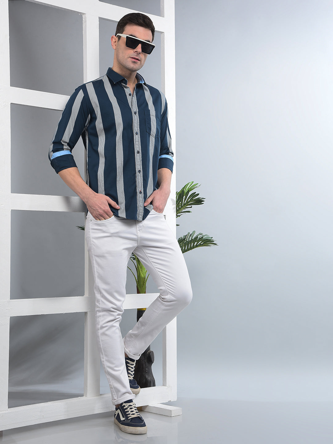 COBB TEAL BLUE STRIPED SLIM-FIT CASUAL SHIRT