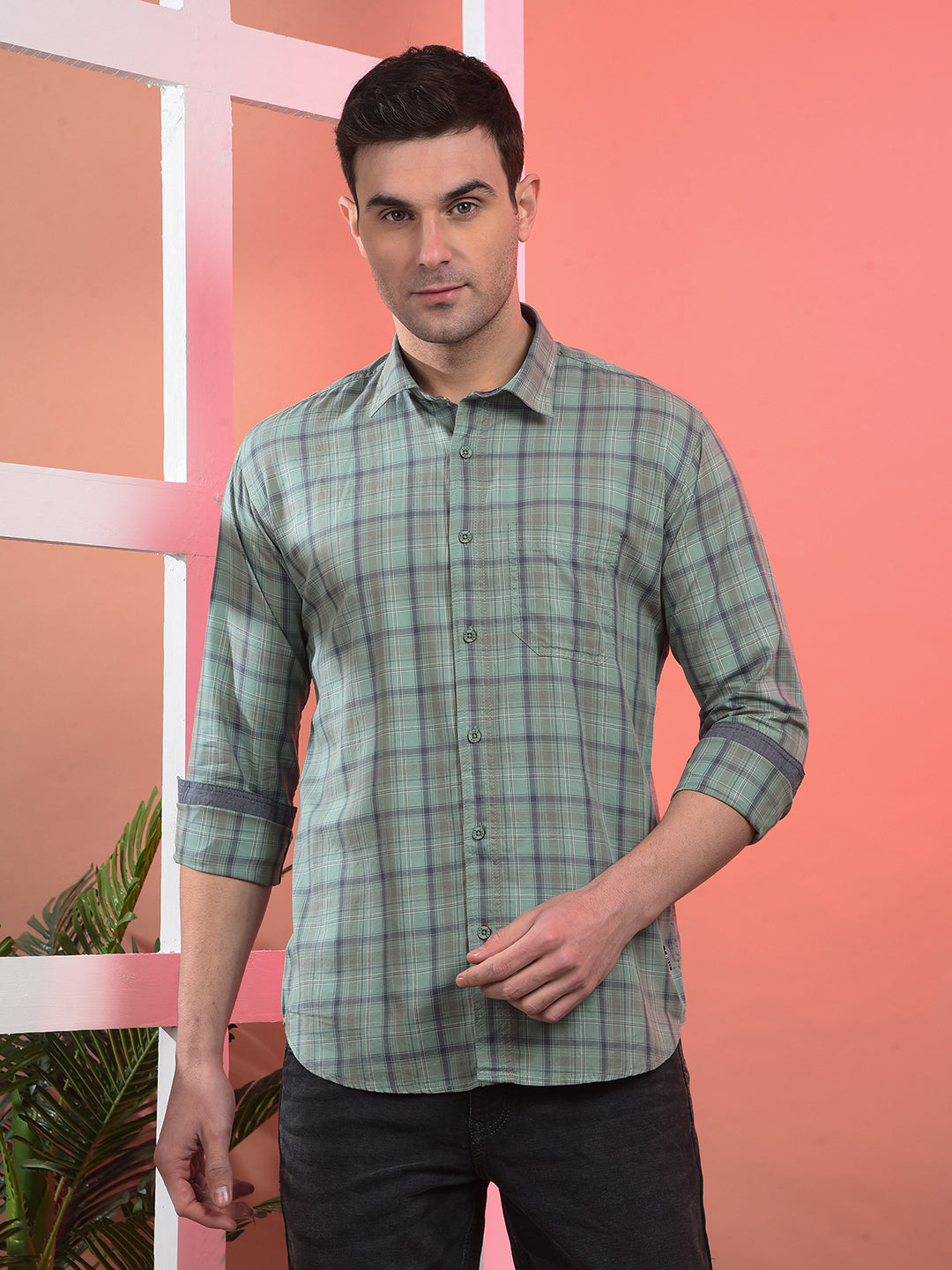 cobb green checked slim-fit casual shirt