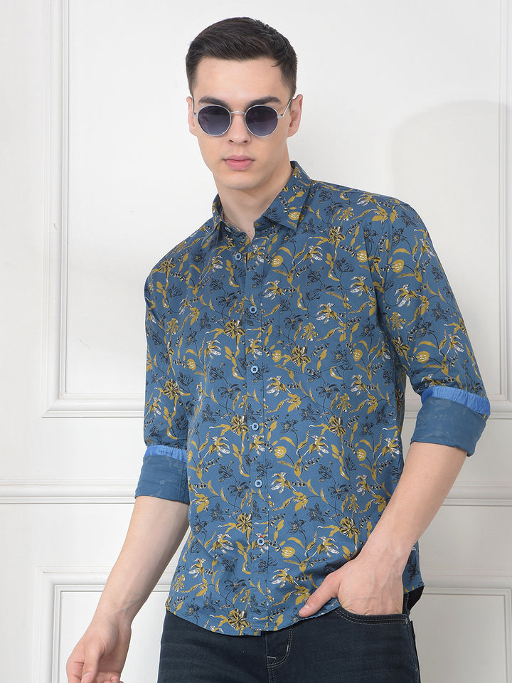 cobb teal blue printed slim-fit casual shirt