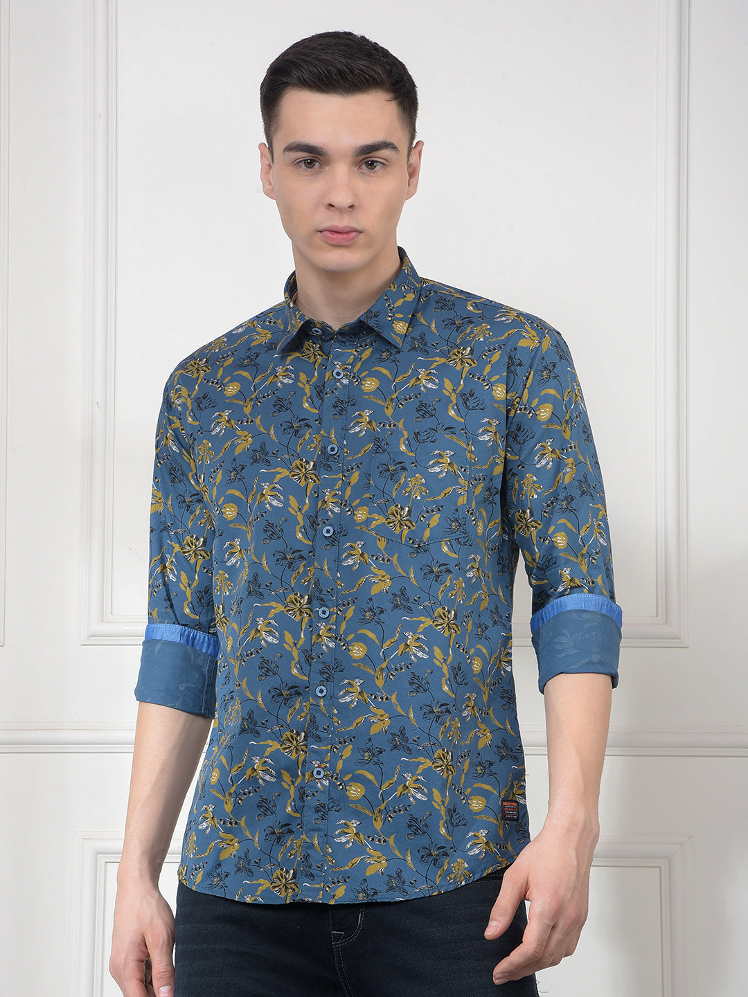 cobb teal blue printed slim-fit casual shirt