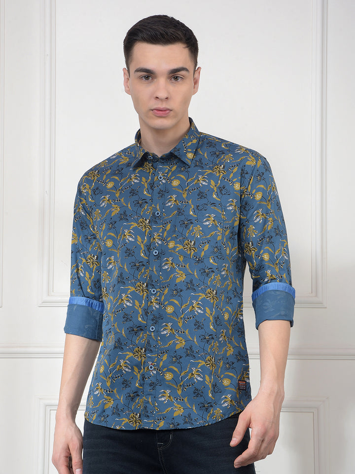 cobb teal blue printed slim-fit casual shirt